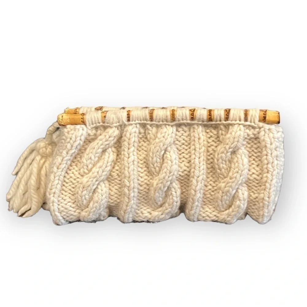Handmade Wool Cableknit Sweater Bamboo Handle Tassle Clutch Bag Ivory